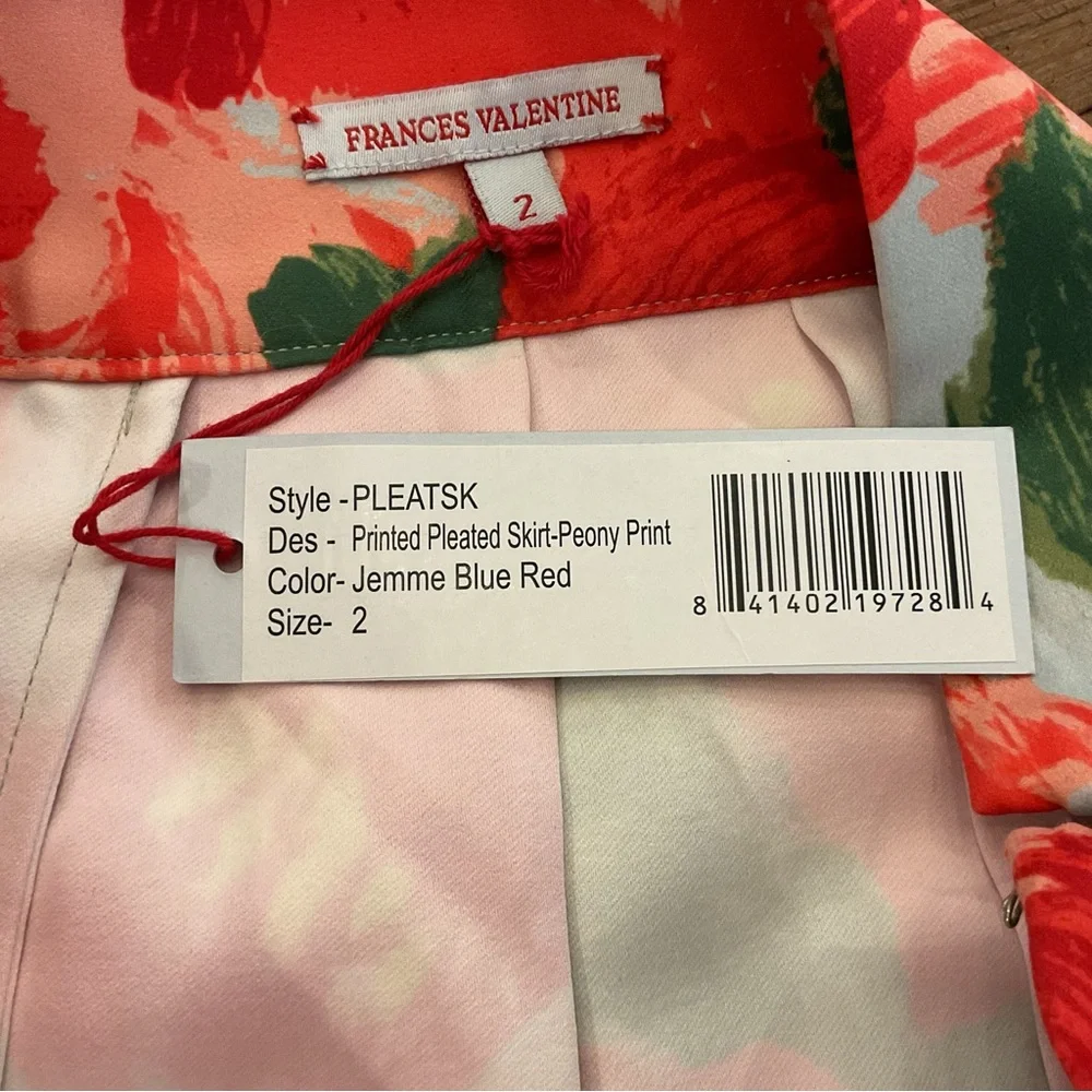 Frances Valentine Peony Print Pleated Skirt Red Floral Jemme Blue Size 2‎ NWT